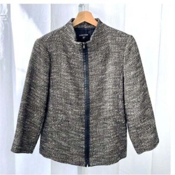 Eileen Fisher Women’s Size Medium Linen Tweed Leather Trim Zip Front Jacket Grey - Picture 1 of 5